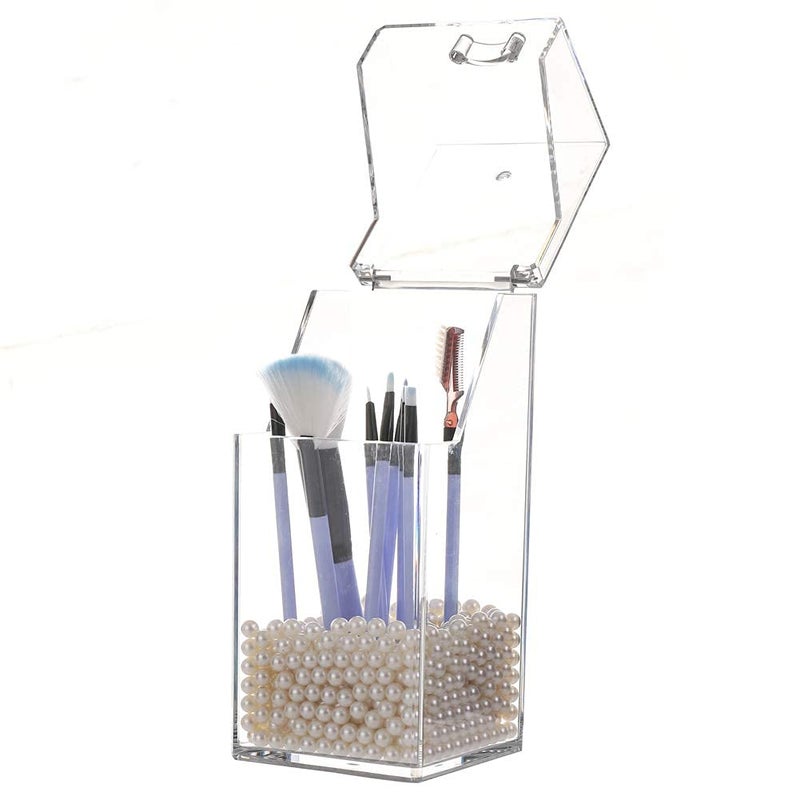 Sooyee Makeup Brush Holder,Makeup Brush Organizer with 8mm White Pearls,Dustproof Makeup Brush holder with Lid - Image 3